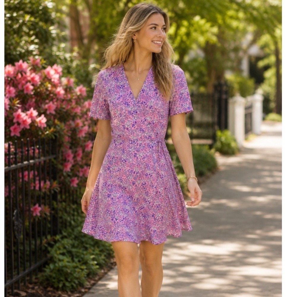 NWT Monteau Floral Wrap‎ Dress Pink Purple V-Neck Short Sleeve Elastic Waist